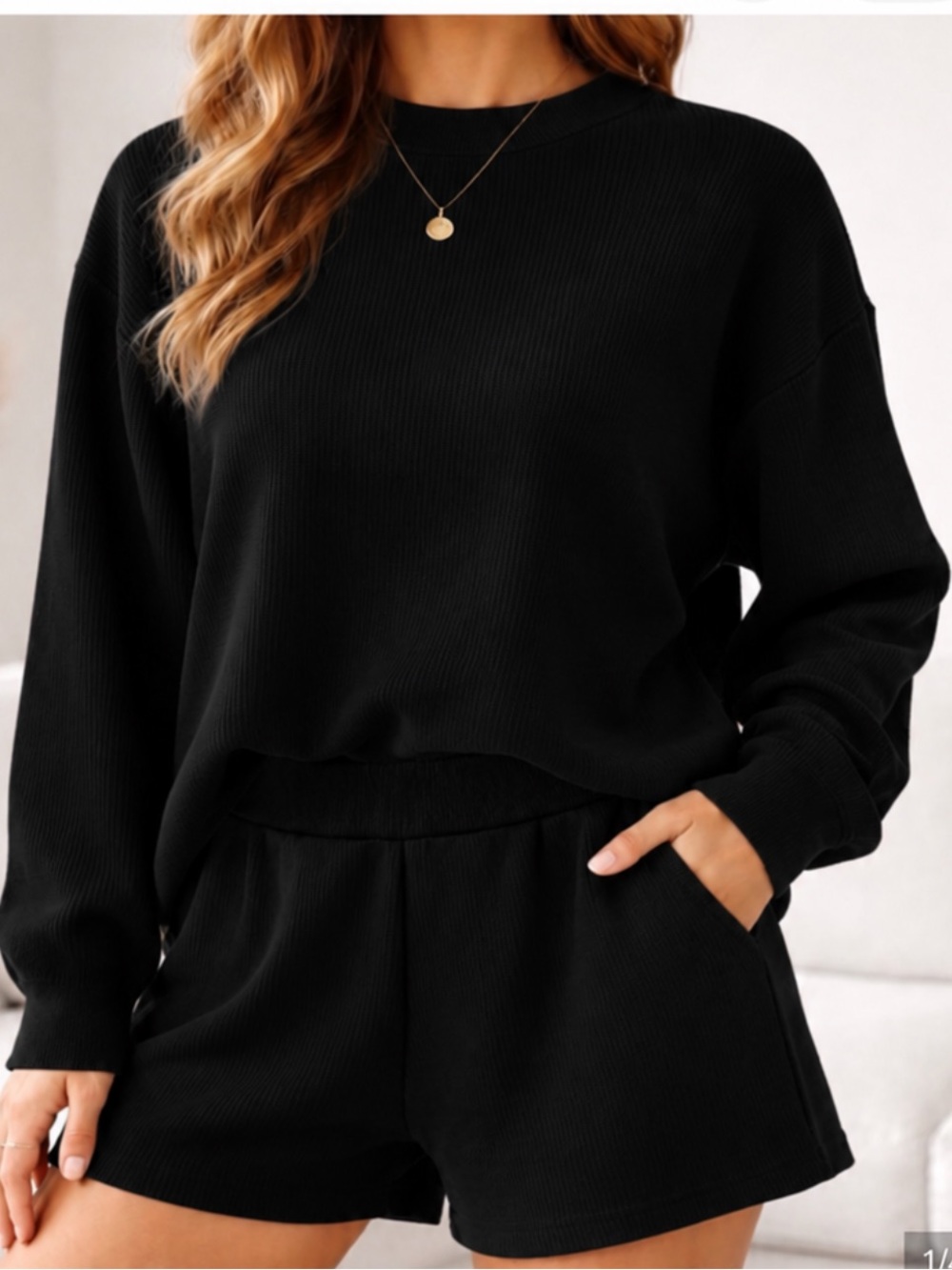 Zenana Black Ribbed Lounge Shorts & Sweater Set. Size small. New!